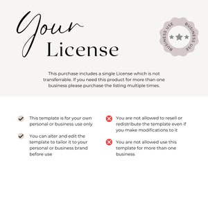 May include: A white background with black text outlining the terms of a single use business licence. The text states that this purchase includes a single licence which is not transferable. If you need this product for more than one business, please purchase the listing multiple times. The text also states that this template is for your own personal or business use only. You can alter and edit the template to tailor it to your personal or business brand before use. The text also states that you are not allowed to resell or redistribute the template even if you make modifications to it. You are not allowed to use this template for more than one business.