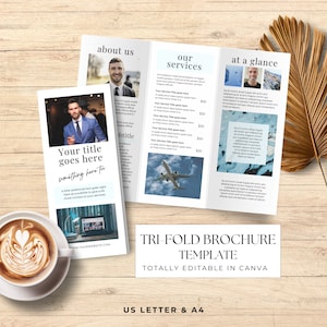 Plantilla Canva de folleto tríptico, folleto comercial, folleto de doble cara para plegar, promoción imprimible A4 y carta de EE. UU. editable, agente de viajes