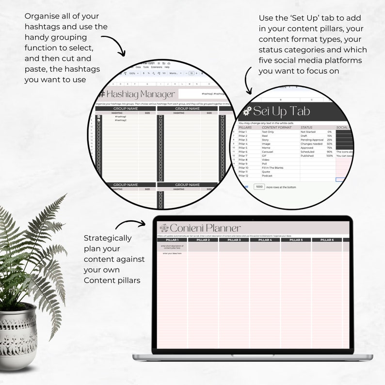 May include: A laptop computer screen displaying a content planning worksheet with the title "Conieni Planner". The worksheet is divided into six columns labeled "Pillar 1" through "Pillar 6". The worksheet is designed to help users plan their content strategy by organizing their content into different categories or pillars.
