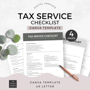 Edytowalna lista kontrolna usług podatkowych Szablon Canva Przygotowanie podatków List do USA Księgowość Ulotka CPA Deklaracja podatkowa Marketing Lista kontrolna klienta