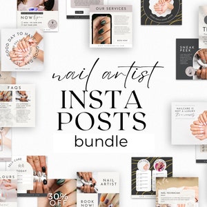 May include: A collection of 15 Instagram post templates for nail artists. The templates feature a variety of designs, including black and white, gold accents, and colorful nail art. The text on the templates includes phrases like "Good Day to Have Good Nails", "Sneak Peek", "Nailcare is not a luxury", and "Q&A Nails".