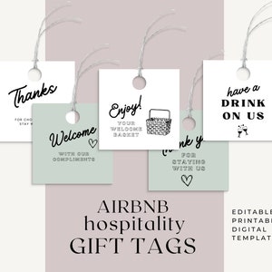 May include: A collection of square gift tags with various messages, including "Thanks" and "Welcome." The tags feature black text on white and pale green backgrounds, with a minimalist aesthetic. The words "AIRBNB hospitality GIFT TAGS" are also visible.