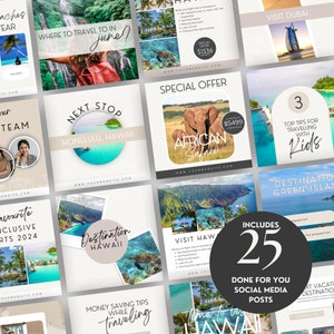 May include: A collage of images promoting travel destinations. The images feature beaches, mountains, and cities. The text includes "Where to travel to in June?", "Next Stop Honolulu, Hawaii", "Special Offer African Safari", "Top Tips for Traveling with Kids", "Destination Hawaii", "Visit Hawaii", "Money Saving Tips While Traveling", "Includes 25 Done for You Social Media Posts", and "Time to Visit Hawaii".