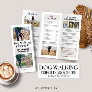 May include: A trifold brochure for a dog walking service. The brochure features a photo of a dog walker with a dog on a leash, and text that says "Dog Walking Service, Pet Exercise Excellence". The brochure also includes information about the services offered, such as standard walks, adventure walks, and puppy packages. The brochure also includes a section on frequently asked questions.