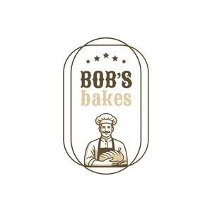 May include: A logo for a bakery called "Bob's Bakes" featuring a cartoon baker holding a loaf of bread. The logo is in a brown and white color scheme and has a vintage style.