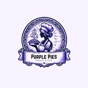 May include: A vintage-style logo for a bakery and cafe called "Purple Pies". The logo features a woman in a chef's hat holding a pie, with a decorative frame and banner.