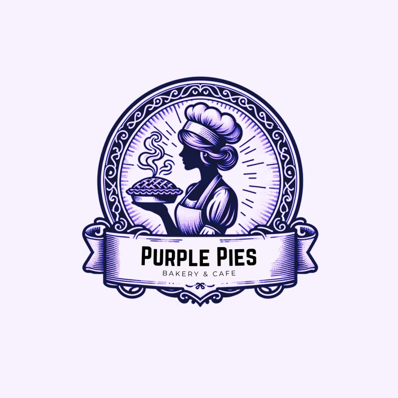 May include: A vintage-style logo for a bakery and cafe called "Purple Pies". The logo features a woman in a chef's hat holding a pie, with a decorative frame and banner.
