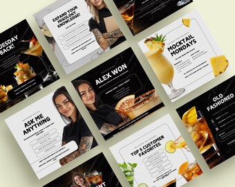 Bar à cocktails Réseaux sociaux Pub Vignoble Réseaux sociaux Modèles canva modifiables Marketing de bar mobile Barman Mixologue Message promotionnel d'événement IG