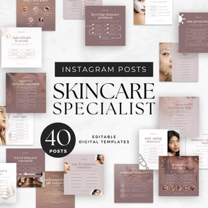 May include: A set of 40 Instagram post templates designed for skincare specialists. The templates feature a pink and white colour scheme and include text such as "Skincare Specialist", "Nighttime Skincare Essentials", "Top 10 Skincare Mistakes", and "Seasonal Skincare".
