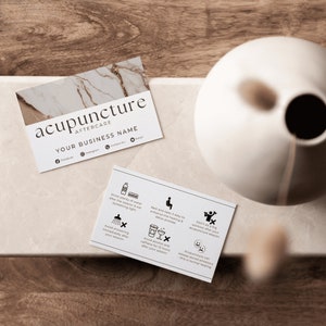 Cartão de cuidados posteriores de acupuntura, modelo canva, cartão de cuidados de medicina chinesa para cliente acupunturista, tratamento imprimível, cartão de visita de acompanhamento