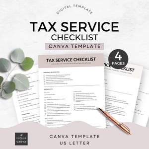 Lista kontrolna usług podatkowych Szablon Canva Przygotowanie podatków List do USA Księgowość Ulotka CPA Deklaracja podatkowa Profesjonalny marketing Lista kontrolna klienta