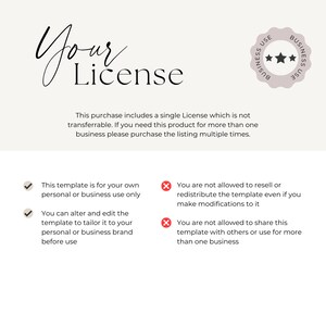 May include: A digital illustration of a license agreement for a template. The text states that this purchase includes a single license which is not transferable. The text also states that the template is for personal or business use only and that the user can alter and edit the template to tailor it to their personal or business brand before use. The text also states that the user is not allowed to resell or redistribute the template even if they make modifications to it. The text also states that the user is not allowed to share this template with others or use it for more than one business.