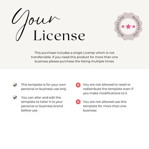 May include: A white background with black text outlining the terms of a single use commercial license. The text reads "Your License" and includes a list of permitted and prohibited uses. The text states that this template is for your own personal or business use only. You can alter and edit the template to tailor it to your personal or business brand before use. You are not allowed to resell or redistribute the template even if you make modifications to it. You are not allowed to use this template for more than one business.