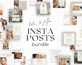 Könnte beinhalten: Eine Sammlung von 15 Instagram-Post-Vorlagen für ein Beauty-Unternehmen. Die Vorlagen zeichnen sich durch eine neutrale Farbpalette in Beige, Weiß und Gold aus. Der Text auf den Vorlagen umfasst "Botox & Filler", "Insta Posts", "Bundle", "Neue Behandlung", "Kollagen-Lifting", "Besitze deine Schönheit", "Anti-Falten", "Zeitmaschine", "Verfügbarkeit dieser Woche", "Vorher & Nachher Pflege", "Heute buchen", "Lippen bringen dich von Mädchen zur Göttin", "Botox & Filler", "Vorteile von Fillern" und "Preisliste".