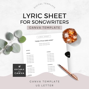 May include: Editable lyric sheet template for songwriters, designed for Canva. The template includes sections for song title, writer names, intro, verse, chorus, and additional verses. The template is designed for US Letter size paper.