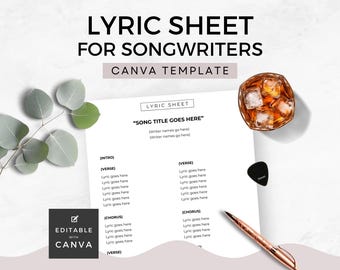 May include: Editable lyric sheet template for songwriters, designed for Canva. The template includes sections for song title, writer names, intro, verse, chorus, and additional verses. The template is designed for US Letter size paper.