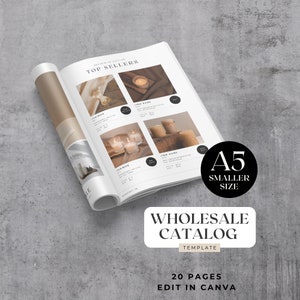 May include: A magazine mockup with the text "Top Sellers" and "Wholesale Catalog Template" on the cover. The magazine is open to a page with photos of candles and other products. The text "20 Pages Edit in Canva" is also visible.