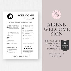 Plantilla de lienzo para letrero de bienvenida de AirBNB, letrero para alquileres a corto plazo, letrero para el anfitrión, letrero para alquileres vacacionales de VRBO, letras de EE. UU., editables, para imprimir en casa CL1
