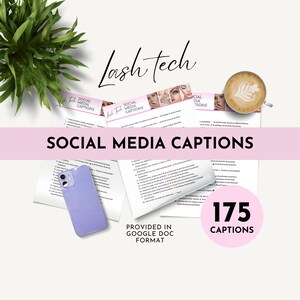 Puede incluir: Un gráfico rosa y blanco con el texto "Lash Tech" y "Social Media Captions" en fuente blanca. El gráfico también incluye el texto "175 Captions" y "Provided in Google Doc Format".