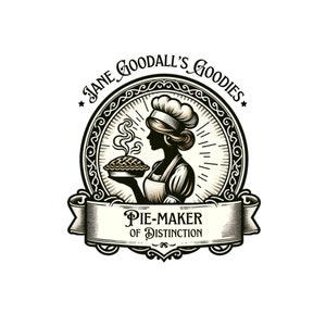 May include: Black and white illustration of a woman wearing a chef's hat and apron holding a pie. The text "Jane Goodall's Goodies" and "Pie-Maker of Distinction" is displayed on the image.