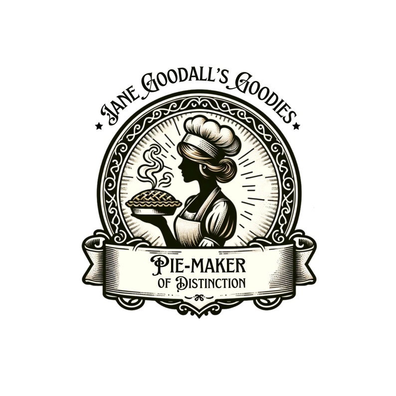 May include: Black and white illustration of a woman wearing a chef's hat and apron holding a pie. The text "Jane Goodall's Goodies" and "Pie-Maker of Distinction" is displayed on the image.