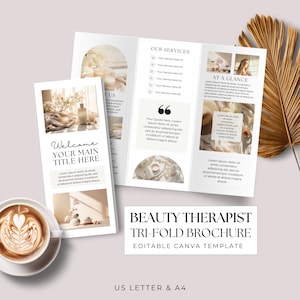 Modelo de panfleto Canva, folheto editável com três dobras para terapeuta de beleza, folheto frente e verso para dobrar, promoção para impressão A4 e carta dos EUA