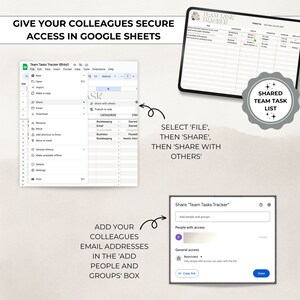 May include: A screenshot of a Google Sheet titled "Team Tasks Tracker BB460" with instructions on how to share the spreadsheet with colleagues. The instructions say to select 'File', then 'Share', then 'Share with Others'. The image also shows how to add colleagues' email addresses in the 'Add People and Groups' box.