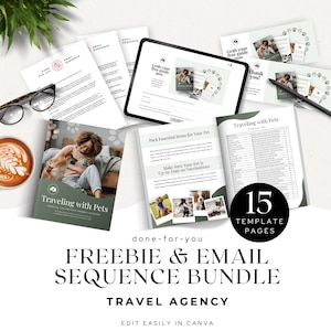 Modelo Canva de sequência de boas-vindas e brindes para agência de viagens, pacote magnético de leads, modelo de e-mail, páginas de destino e de agradecimento, editáveis