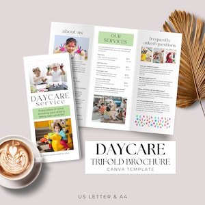 Dreifach gefaltete Vorlage für Kindertagesstätten, bearbeitbare Faltbroschüre für kleine Unternehmen, doppelseitige Flyer-Broschüre, Canva-Vorlage, druckbare Promo-Vorlage im A4-US-Letter-Format