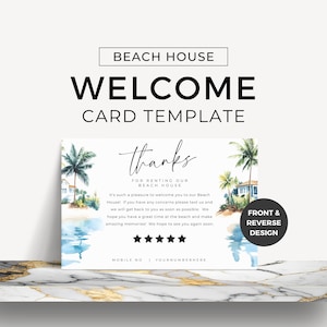 Cartão de boas-vindas para hóspedes da casa de praia AirBNB Cartão de mensagem de chegada para aluguel de férias na costa Editar no modelo Canva Promoções de aluguel VRBO Aquarela