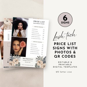 QR code integrated price list templates for Lash Techs, Pricing Poster for Lash Salon Eyelash Technician, Edit in Canva, Service Menu CL24