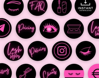 Lash Tech Insta Highlights Canva Template, Lash Artist IG Feed, Eyelash Extension Technician Branding Black Neon Pink Instagram Socials CL21