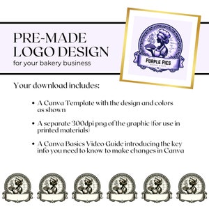 May include: A pre-made logo design for a bakery business, featuring a purple and gold logo with a woman in a chef's hat holding a pie. The text "Purple Pies Bakery & Cafe" is included in the logo.