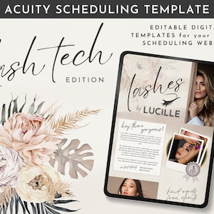 Könnte beinhalten: Eine digitale Vorlage für eine Acuity-Planungswebsite mit einem floralen Design und einem Tablet, auf dem die Website einer Wimpernstylistin angezeigt wird. Die Website zeigt ein rosafarbenes und weißes Blumenmuster mit dem Text "lashes by LUCILLE" und einem Zitat, das "hey there gorgeous!" lautet.
