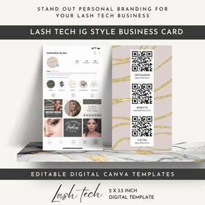 Lash Tech Instagram Cards Canva, IG Business Card Template QR Code Insta Style DIY Biz Card Editable Lash Artist Marketing Neutral Gold CL17