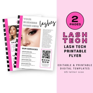 Lash Tech-Flyer zum Ausdrucken mit QR-Code-Canva-Vorlage, Broschüre zu Lash-Technik-Services, DIY-Marketing und Branding für Neukunden, Pink CL21