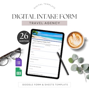 Peut inclure: Un formulaire d'admission numérique pour une agence de voyages affiché sur l'écran d'une tablette. Le formulaire comporte 26 questions et comprend des champs pour l'adresse électronique, le nom complet et le numéro de téléphone. Le formulaire est conçu pour être utilisé avec Google Forms et Sheets.