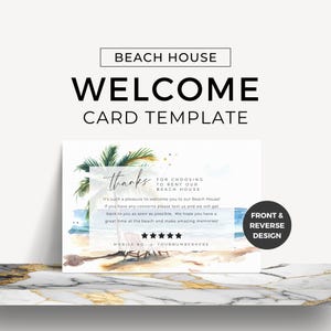 Beach House Welcome Guest Card Coastal AirBNB Vacation Rental Arrival Message Card Edit in Canva Template VRBO Rental Promotions Watercolor