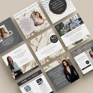 Puede incluir: Una colección de publicaciones en redes sociales para un negocio de contabilidad. Las publicaciones presentan un fondo de mármol con acentos dorados y texto que incluye las palabras "Objetivos financieros", "Publicaciones sociales del contable", "Ahorre su tiempo para actividades de mayor valor", "¿Quiere hacer que las finanzas de su negocio sean más fáciles?", "¿Es difícil cambiar a la contabilidad digital?", "Trabaja conmigo", y "Paquete de contabilidad uno".