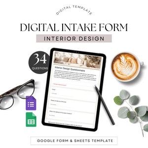 May include: A digital intake form template for interior design projects. The form is designed to help understand a client's style preferences, needs, and the unique characteristics of their space. The form includes 34 questions and is designed to be used with Google Forms and Google Sheets.