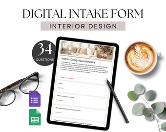 May include: A digital intake form template for interior design projects. The form is designed to help understand a client's style preferences, needs, and the unique characteristics of their space. The form includes 34 questions and is designed to be used with Google Forms and Google Sheets.