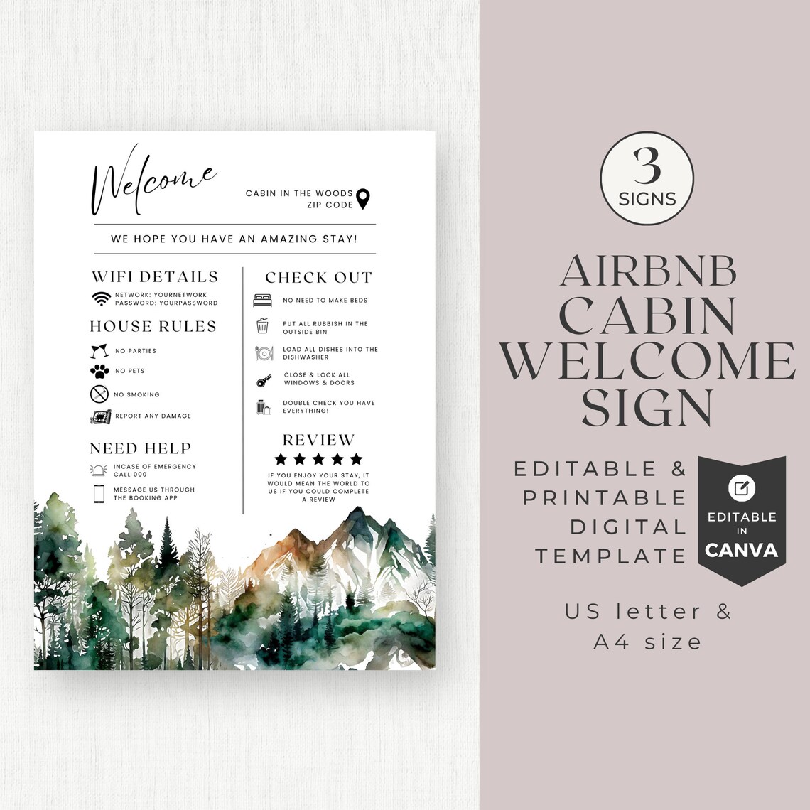 Airbnb Cabin Welcome Sign Canva Template, Short Term Rental Signage ...