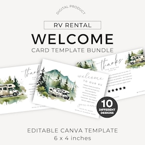 Camperverhuur Welkom Gastenkaart Bundel Camper Aankomst Bericht Kaart Camper Bewerken in Canva Sjabloon Verhuur Promoties Aquarel Esthetiek