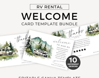 Puede incluir: Un conjunto de 10 plantillas de Canva editables para tarjetas de bienvenida de alquiler de autocaravanas. Las tarjetas presentan ilustraciones de acuarela de una escena de bosque con una autocaravana. El texto en las tarjetas dice "Bienvenido a nuestra autocaravana" y "Gracias por alquilar nuestra autocaravana".