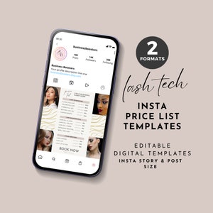 May include: A digital template for an Instagram story or post for a lash technician's price list. The template features a gold and white design with a price list for lash extensions, lash maintenance, and other services. The template also includes a call to action to book now.