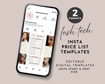 Puede incluir: Una plantilla digital para una historia o publicación de Instagram para la lista de precios de un técnico de pestañas. La plantilla presenta un diseño dorado y blanco con una lista de precios para extensiones de pestañas, mantenimiento de pestañas y otros servicios. La plantilla también incluye una llamada a la acción para reservar ahora.