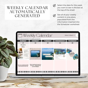 May include: A laptop screen displaying a weekly calendar with the text "Weekly Calendar" at the top. The calendar is divided into days of the week, with each day having a different image and text. The text on the screen says "Select week and calendar will update automatically".