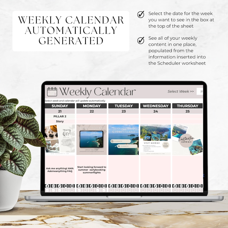 May include: A laptop screen displaying a weekly calendar with the text "Weekly Calendar" at the top. The calendar is divided into days of the week, with each day having a different image and text. The text on the screen says "Select week and calendar will update automatically".