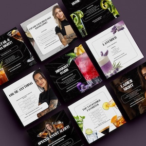Cocktail Bar Instagram Pub Winery Social Media Editable Canva Templates Mobile Bar Marketing Bartender IG Event Promotion Posts