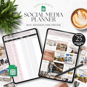 May include: A digital planner template for social media scheduling, with a feed preview of 12 Instagram posts. The planner includes a calendar, content pillar, format, and caption sections. The feed preview shows images of travel destinations, including Amsterdam, Dubai, and The Journey.